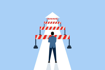 the concept of overcoming challenges and obstacles on the way to business success. increasing motivation, how to achieve goals, overcoming obstacles. Flat vector illustration on blue background.