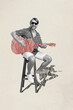 Leinwandbild Motiv Image collage sketch of cheerful positive guy sitting guy playing guitar isolated on painted background