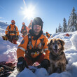 Helpers use evacuation aids to search for people buried in an avalanche, ai regerated