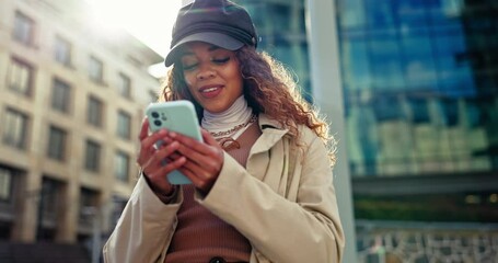 Poster - City, smile and woman with a smartphone, typing and fashion with connection, email notification and network. Person, outdoor or happy girl with a cellphone, digital app and scrolling with mobile user