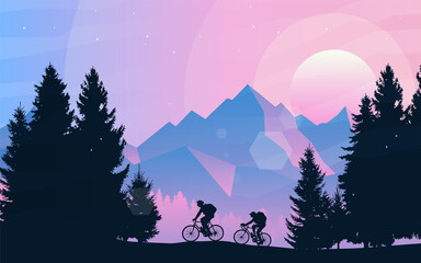 Wall Mural - A couple of cyclists in the mountains. Mountain bike. Travel concept of discovering, exploring. Cycling. Adventure tourism. Flat design for coupon, voucher, gift card. Minimalist illustration