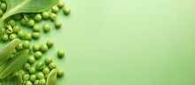 Close Up Of Isolated Fresh Green Peas On A Isolated Pastel Background Copy Space