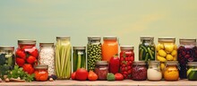 Poster For Preserving Fruits And Vegetables Canned Peas Strawberries Blackberries Tomatoes Peaches And Zucchini In Glass Jars At Home Isolated Pastel Background Copy Space