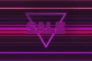 Poster - 90s style neon sale banner with glowing purple stripes on black background of sign.