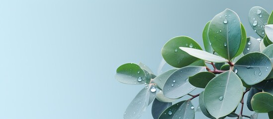 Wall Mural - Close up of a young rubber plant with water droplets on isolated pastel background Copy space