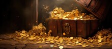 Many Gold Coins Spilled From An Old Style Wooden Treasure Chest With Rusted Metal Strips Forming A Golden Coin And Bar On The Floor Depicted In A 3D Rendering Isolated Pastel Background Copy Sp