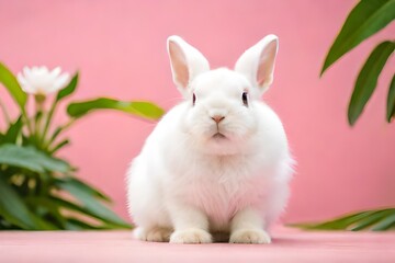 Wall Mural - white rabbit on the green grass