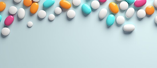 Wall Mural - Detailed view of medication or capsules against solid isolated pastel background Copy space