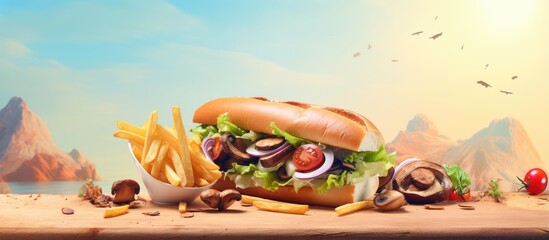 Aufkleber - Sandwich with fries and salad featuring roasted mushrooms isolated pastel background Copy space