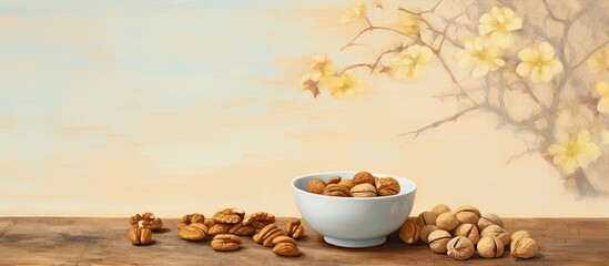 Wall Mural - Combine cup walnuts and honey isolated pastel background Copy space