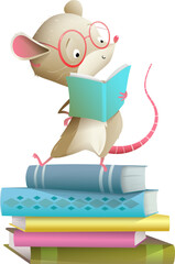 Wall Mural - Cute baby mouse wearing glasses reading on a book stack. Pile of books and character design for children. Education, school and library illustration for kids. Vector animal cartoon in watercolor style