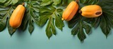 Isolated green leaf on a isolated pastel background Copy space with fresh tropical papaya fruit