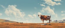 Solitary Cow Stands On Hill In Utahs Eastern Sky Isolated Pastel Background Copy Space