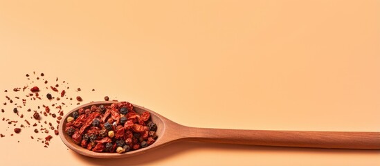 Leinwandbilder - Copy space with isolated wooden spoon filled with dried aromatic pepper spices