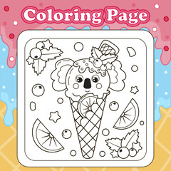 Wall Mural - Summer sweets themed coloring page for kids with kawaii animal character koala shaped ice cream with orange