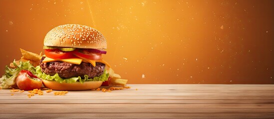 Leinwandbilder - Burger in a scenic picture isolated pastel background Copy space