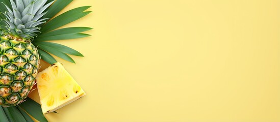 Leinwandbilder - Top view of sliced pineapple with leaf on a isolated pastel background Copy space ready for your text