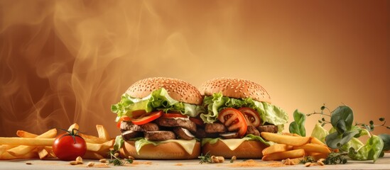 Leinwandbilder - Sandwich with fries and salad featuring roasted mushrooms isolated pastel background Copy space