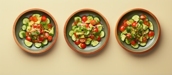 Aufkleber - Three vegan salads made with cucumbers tomatoes and green onions placed on a brown plate The salads are presented on a isolated pastel background Copy space giving a healthy and appealing top s
