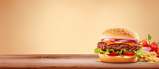 Leinwandbilder - Burger in a scenic picture isolated pastel background Copy space