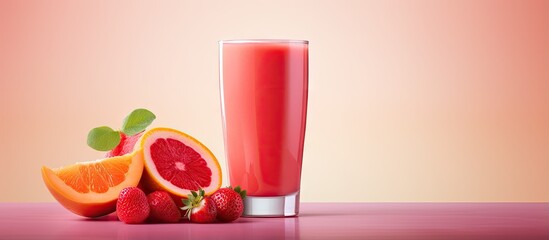 Fototapete - Fresh red fruit juice in a glass on a isolated pastel background Copy space