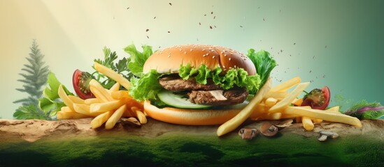 Leinwandbilder - Sandwich with fries and salad featuring roasted mushrooms isolated pastel background Copy space