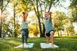 © HBS - Yoga practice outdoors. Front view of encouraged male and female adults staying in warrior pose on rugs. Focused family partners dressed in activewear outstretching arms and looking straight.