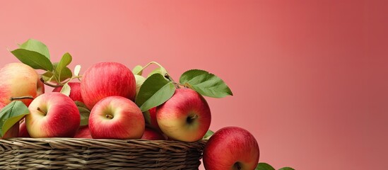 Wall Mural - Sweet apples in a wicker basket with leaves on a isolated pastel background Copy space