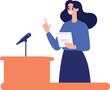 Hand Drawn Business woman speaking on the podium in flat style