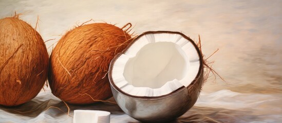Aufkleber - Coconut and oil on a isolated pastel background Copy space