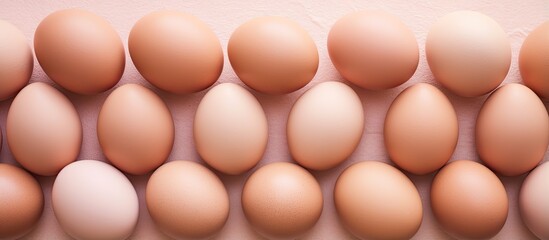 Fototapete - Chicken eggs in egg panel close up isolated pastel background Copy space