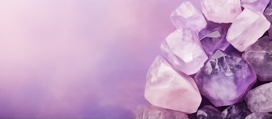 Wall Mural - Macro amethyst quartz crystals purple and rough made of crystal stone isolated pastel background Copy space