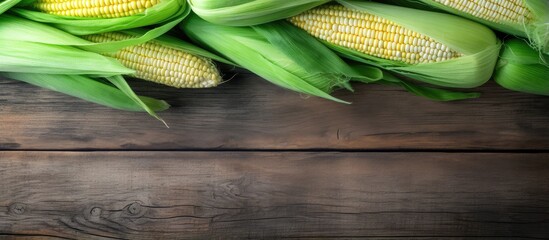 Poster - Top view of fresh corn on cobs displayed on a rustic wooden table with a green towel and copy space framed isolated pastel background Copy space