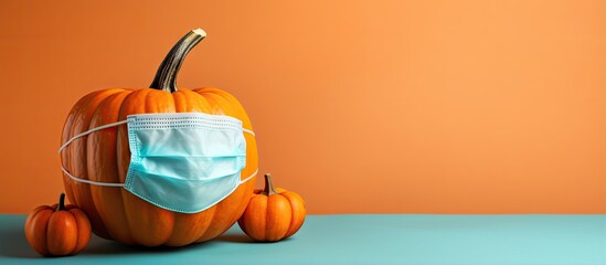 Poster - COVID19 Halloween pumpkin wearing a medical mask on isolated pastel background Copy space en background