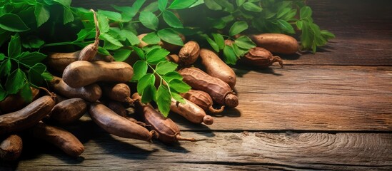 Fototapete - Selective focus and toned image of ripe tamarinds on a rustic wooden table with free copy space isolated pastel background Copy space