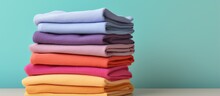 Colorful Kitchen Towels Stacked On A Isolated Pastel Background Copy Space