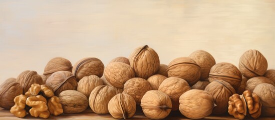 Aufkleber - walnuts on a isolated pastel background Copy space