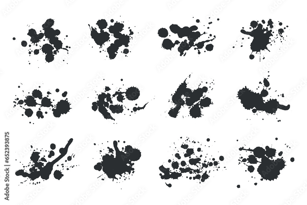 Black ink spatter and drops. Black spots of paint on a white background ...