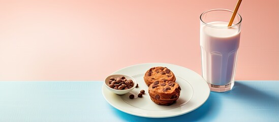 Leinwandbilder - Kids cocoa morning meal served with milk on a plate isolated pastel background Copy space