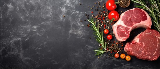 Farm organic meat recipes featuring raw meat steaks rosemary wood cutting board tomatoes on a dark marble background no people in the photo isolated pastel background Copy space