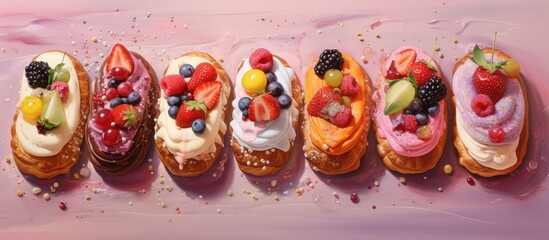 Fototapete - French dessert consisting of a sugar glazed eclair isolated pastel background Copy space