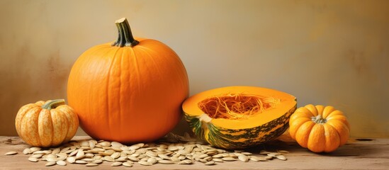 Poster - Pumpkin seeds and texture isolated pastel background Copy space