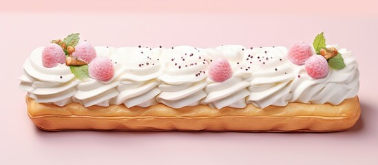 Fototapete - French dessert consisting of a sugar glazed eclair isolated pastel background Copy space
