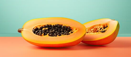Poster - Sliced ripe papaya on plate contains betacarotene vitamins and promotes good health isolated pastel background Copy space