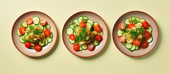 Aufkleber - Three vegan salads made with cucumbers tomatoes and green onions placed on a brown plate The salads are presented on a isolated pastel background Copy space giving a healthy and appealing top s