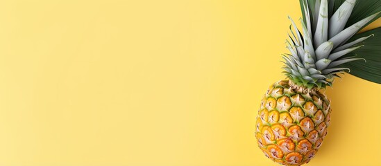 Leinwandbilder - Top view of sliced pineapple with leaf on a isolated pastel background Copy space ready for your text