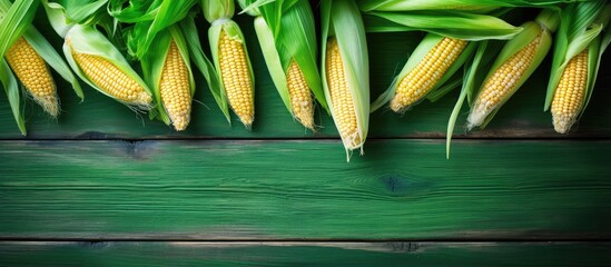 Poster - Top view of fresh corn on cobs displayed on a rustic wooden table with a green towel and copy space framed isolated pastel background Copy space