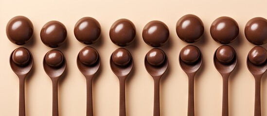 Poster - Isolated wooden spoon with chocolate ball candies on isolated pastel background Copy space