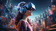 Portrait of young woman wearing. vr reality headset or 3d glasses.