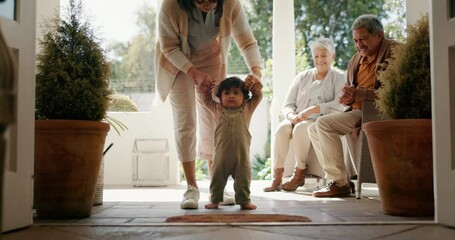 Wall Mural - Family, generation and bond with love, happiness smiles in backyard at home. Group, grandparents and excited for youth and together after travel, vacation or holiday for reunion, visit or retirement